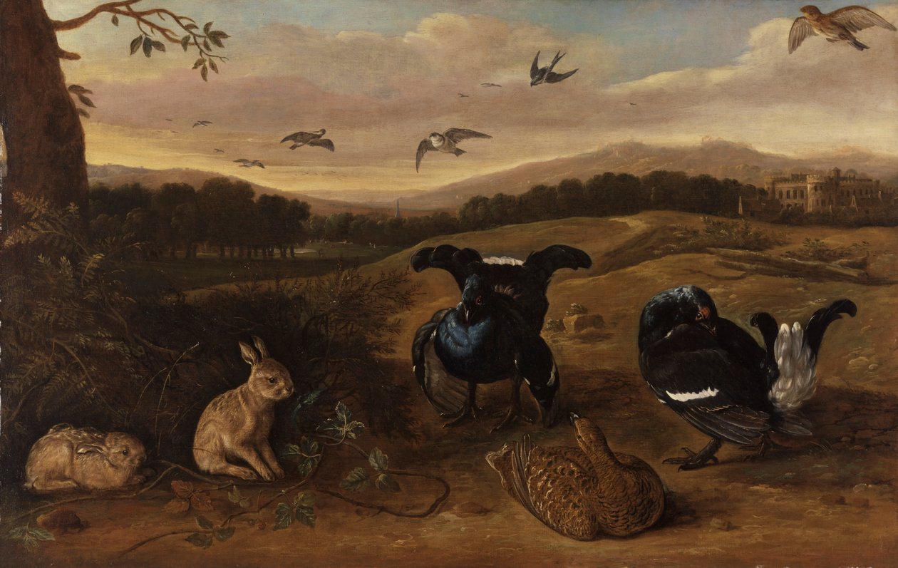 Schwarzwild, Kaninchen und Schwalben in einem Park von Leonard Knyff