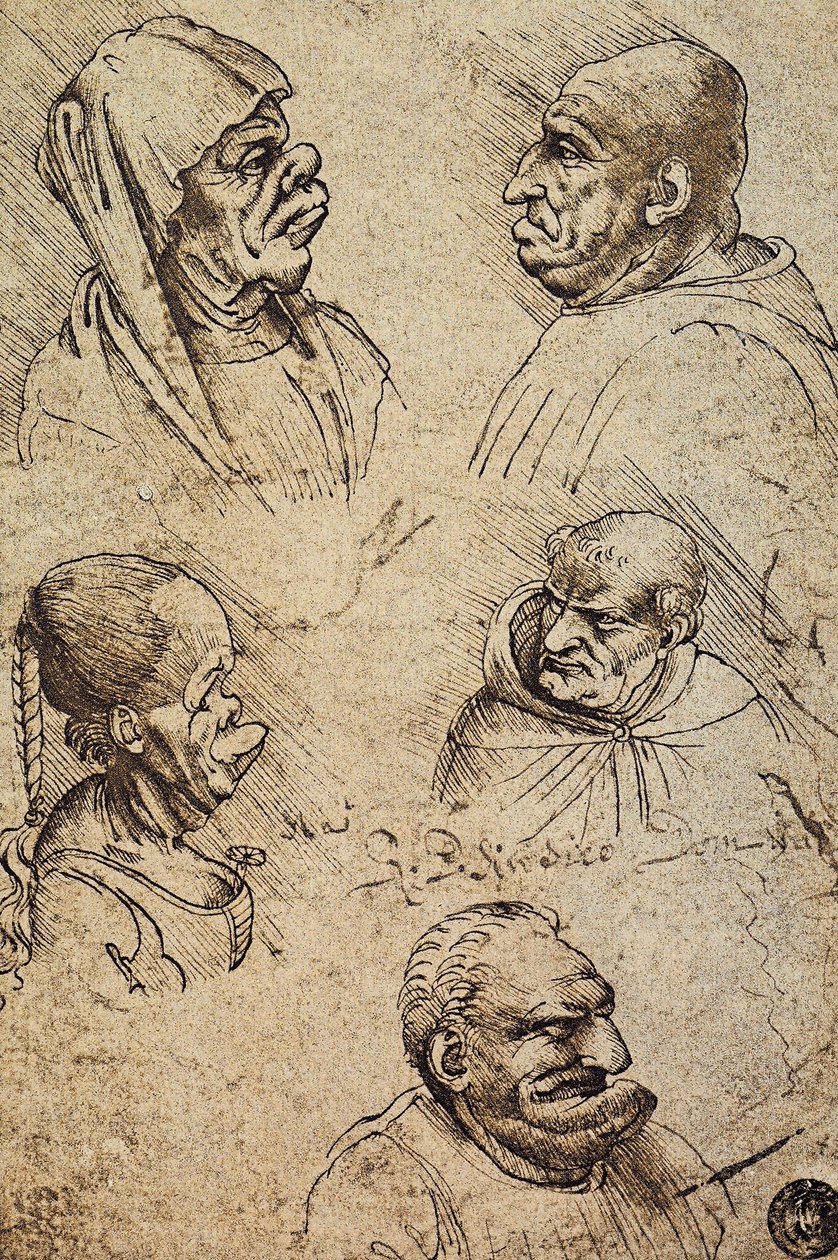 Fünf groteske Köpfe, Zeichnung von Leonardo da Vinci. Gallerie dell