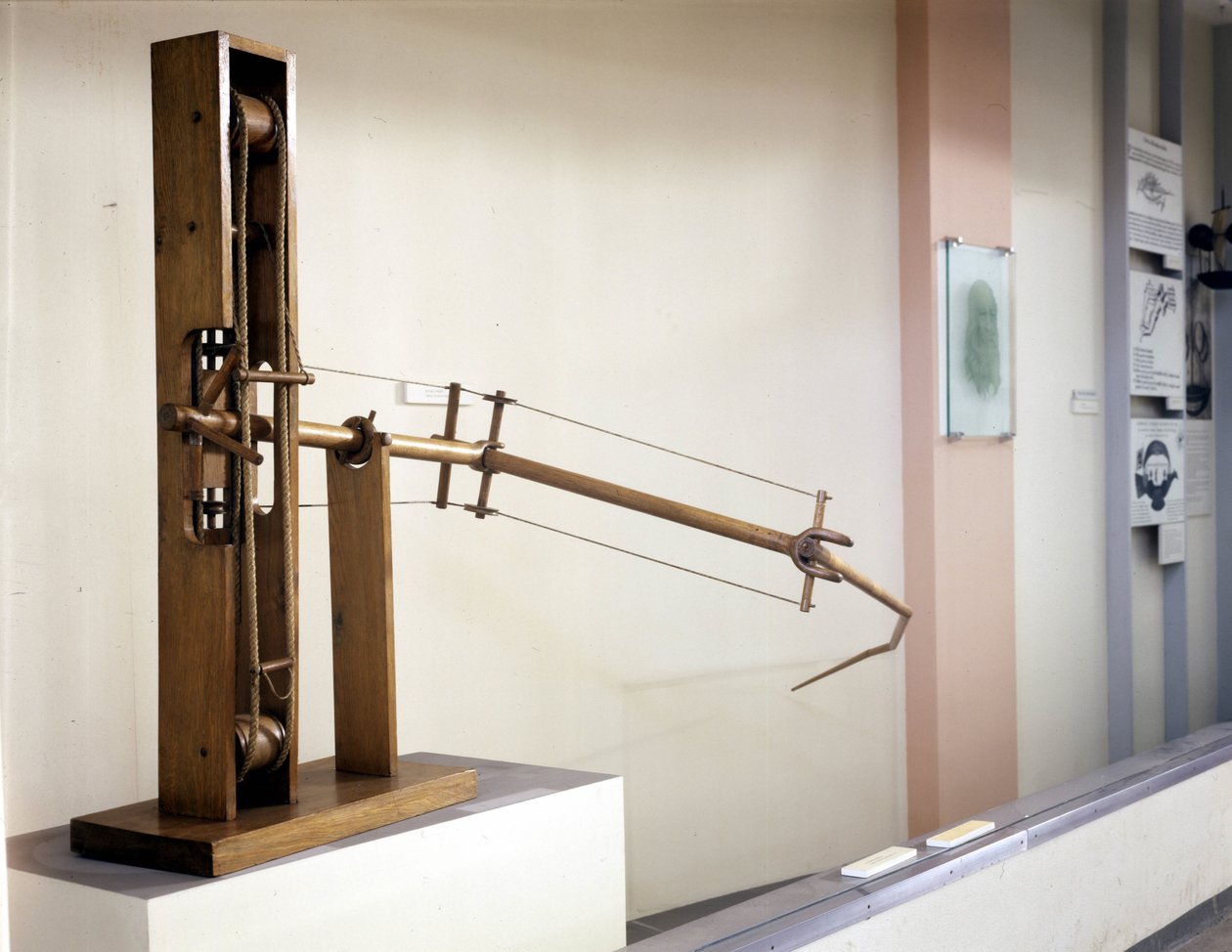 Flügel mit variabler Neigung, Modell nach der Zeichnung von Leonardo da Vinci. Museum für Wissenschaft und Technik, Mailand. von Leonardo da (after) Vinci