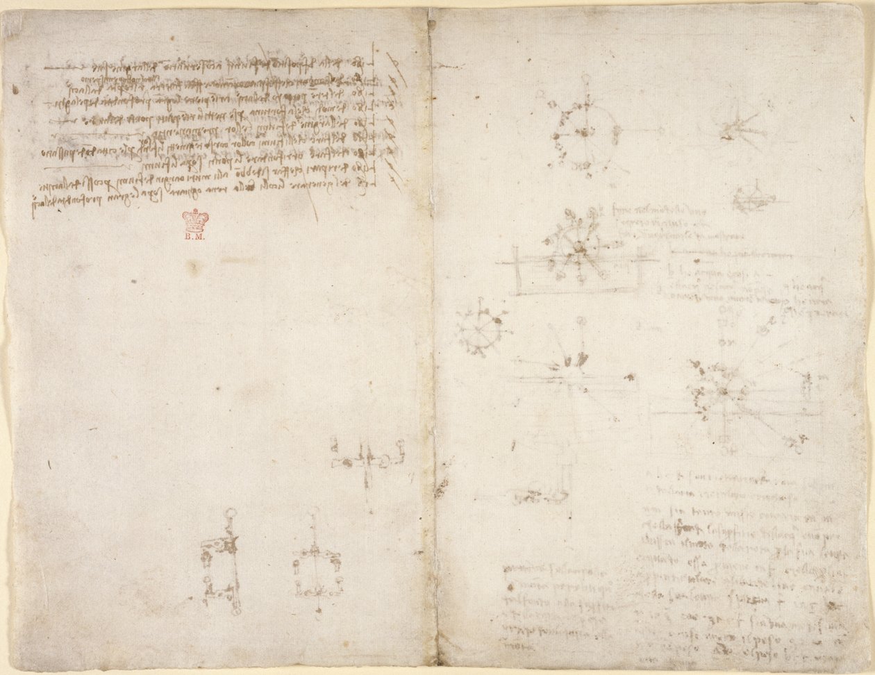 Zeichnungen über mechanische Kräfte, Schwerkraft, Bewegung, Optik und Astronomie, mit verschiedenen arithmetischen und geometrischen Propositionen von Leonardo da Vinci