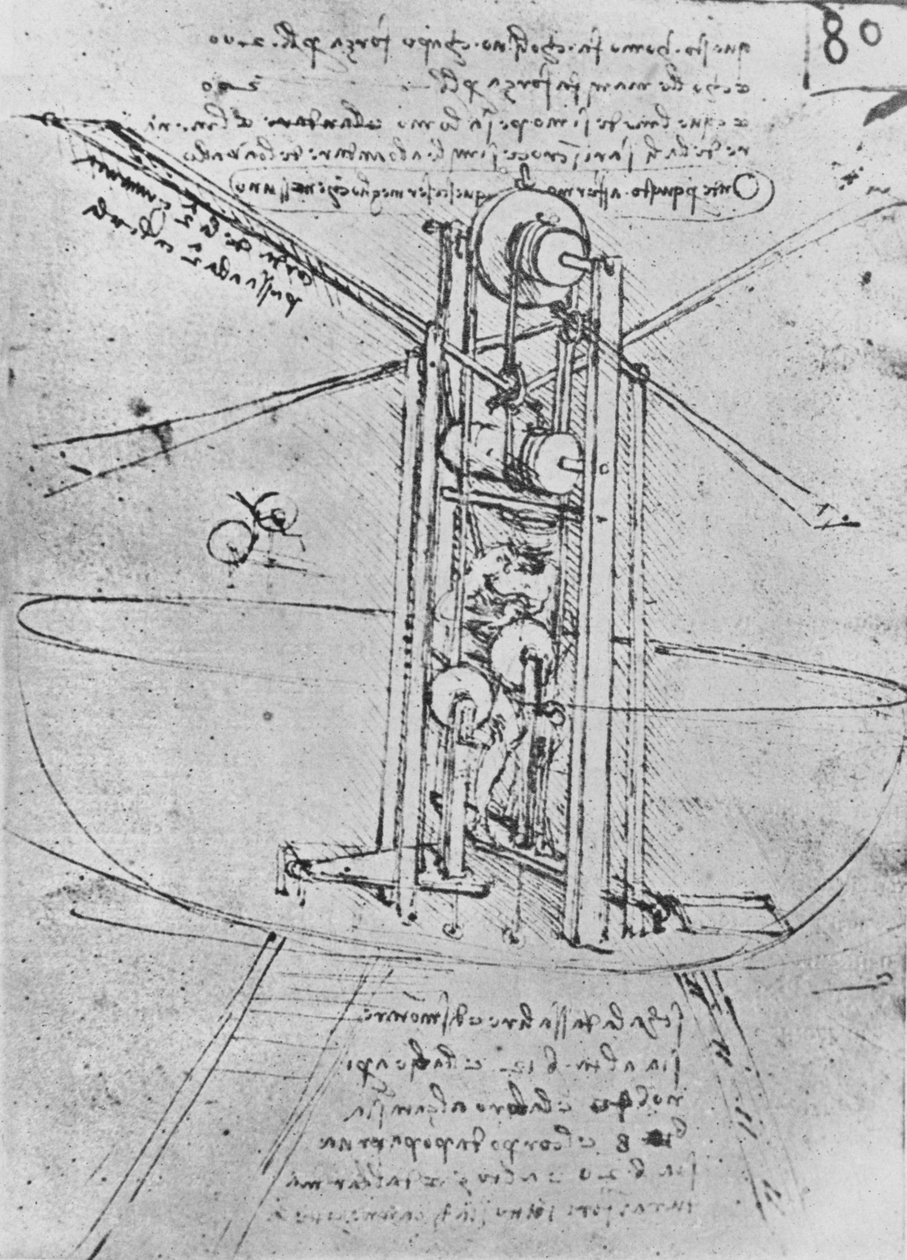Zeichnung einer Flugmaschine mit einem Mann, der sie bedient, ca. 1480, 1945 von Leonardo da Vinci