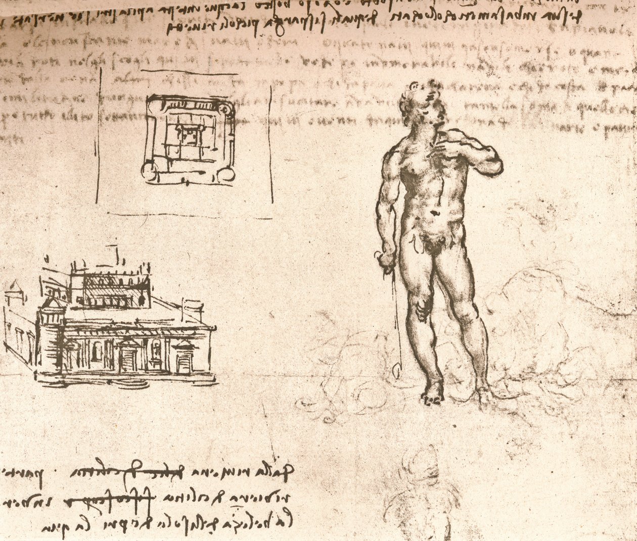 Zeichnung von Plänen für ein Schloss und einer nackten Figur, gewaschen mit indischer Tinte, ca. 1472-1519 von Leonardo da Vinci