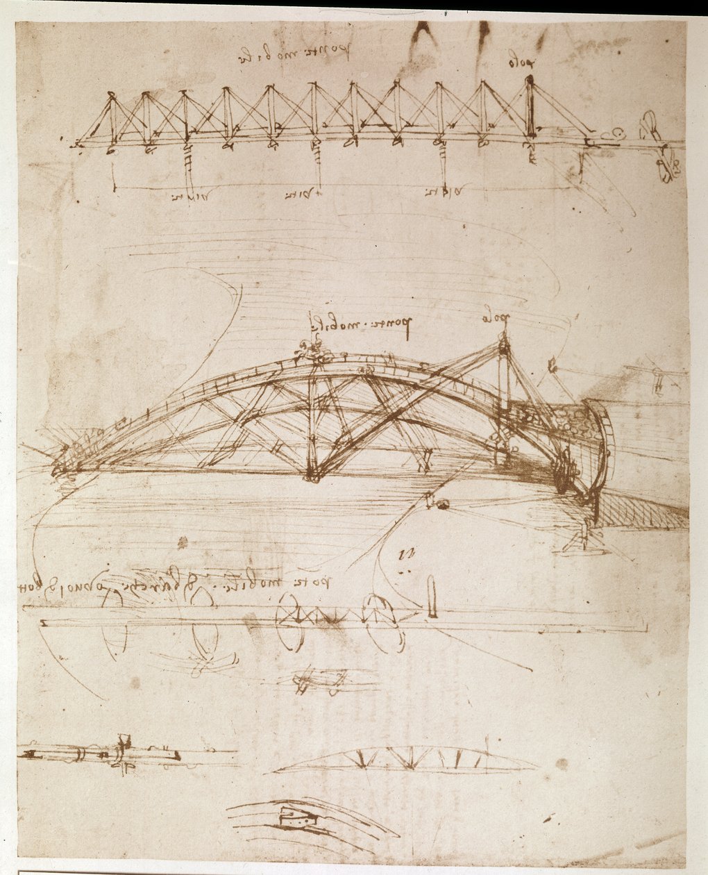 Auszug aus einem Da Vinci Manuskript zur Beschreibung der Konstruktion einer „Drehbrücke“ (Manuskript) von Leonardo da Vinci