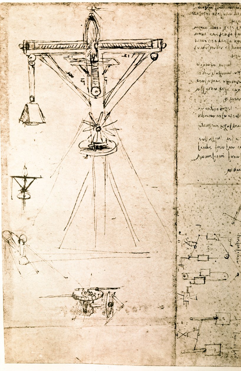 Auszug aus einem Da Vinci Manuskript über das Prinzip und den Bau eines "Kranes" von Leonardo da Vinci