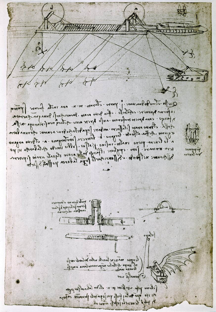 Auszug aus einem Da Vinci Manuskript über das Prinzip und den Bau eines "Seebaggers" von Leonardo da Vinci