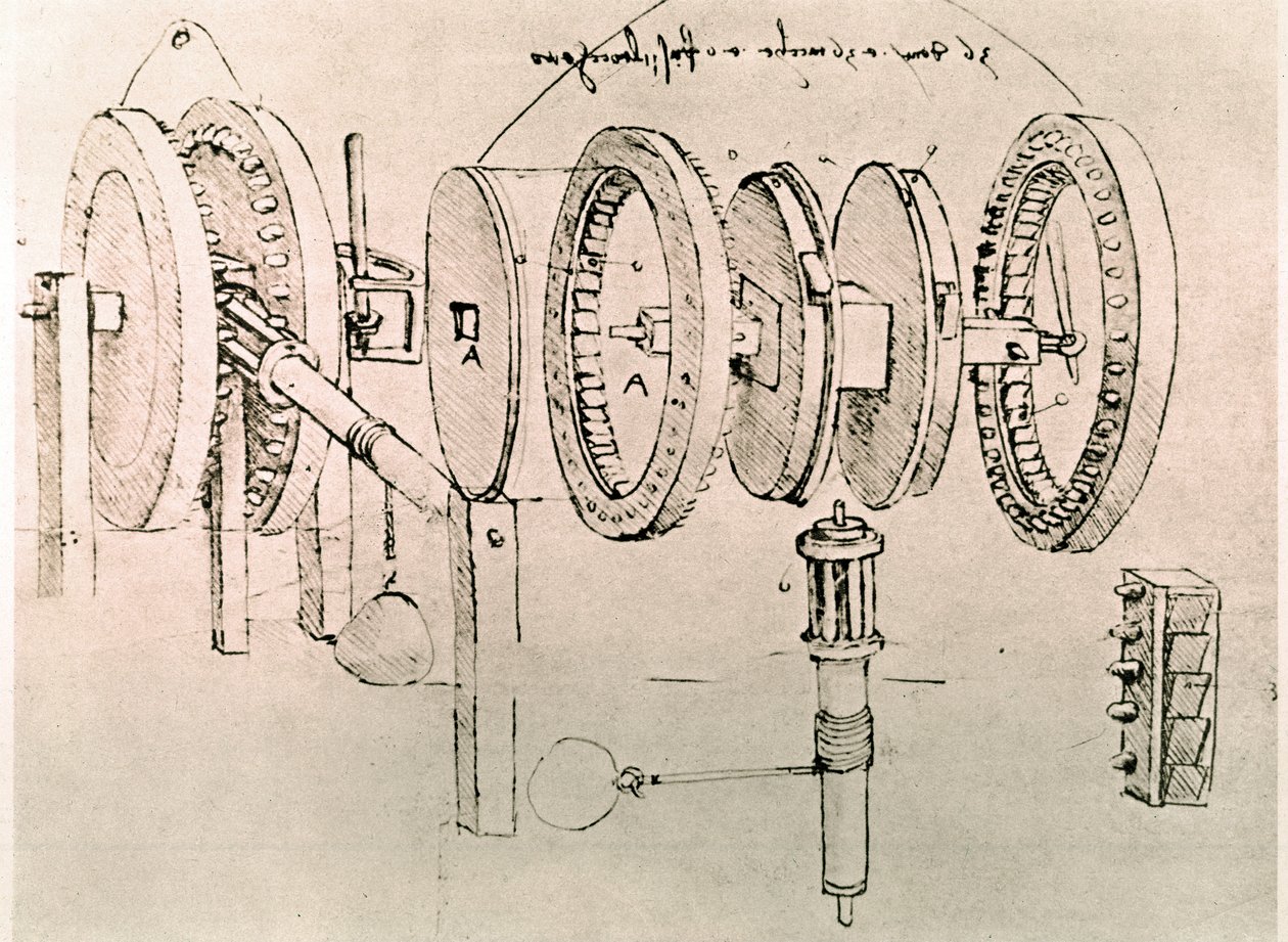Auszug aus einem Da Vinci Manuskript über die Umwandlung von Wechselbewegung in kontinuierliche Bewegung von Leonardo da Vinci