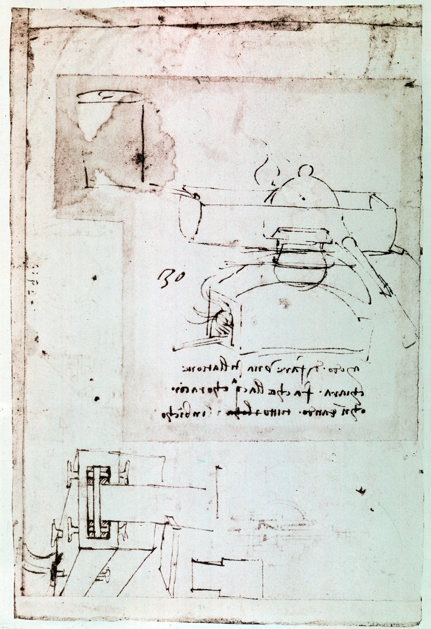 Auszug aus einem Da Vinci Manuskript über die Konstruktion eines Destillators mit kontinuierlicher Kühlung von Leonardo da Vinci