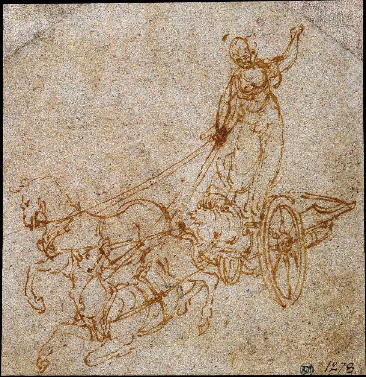 Göttin in einem von zwei Pferden gezogenen Streitwagen, von denen eines fällt von Leonardo da Vinci
