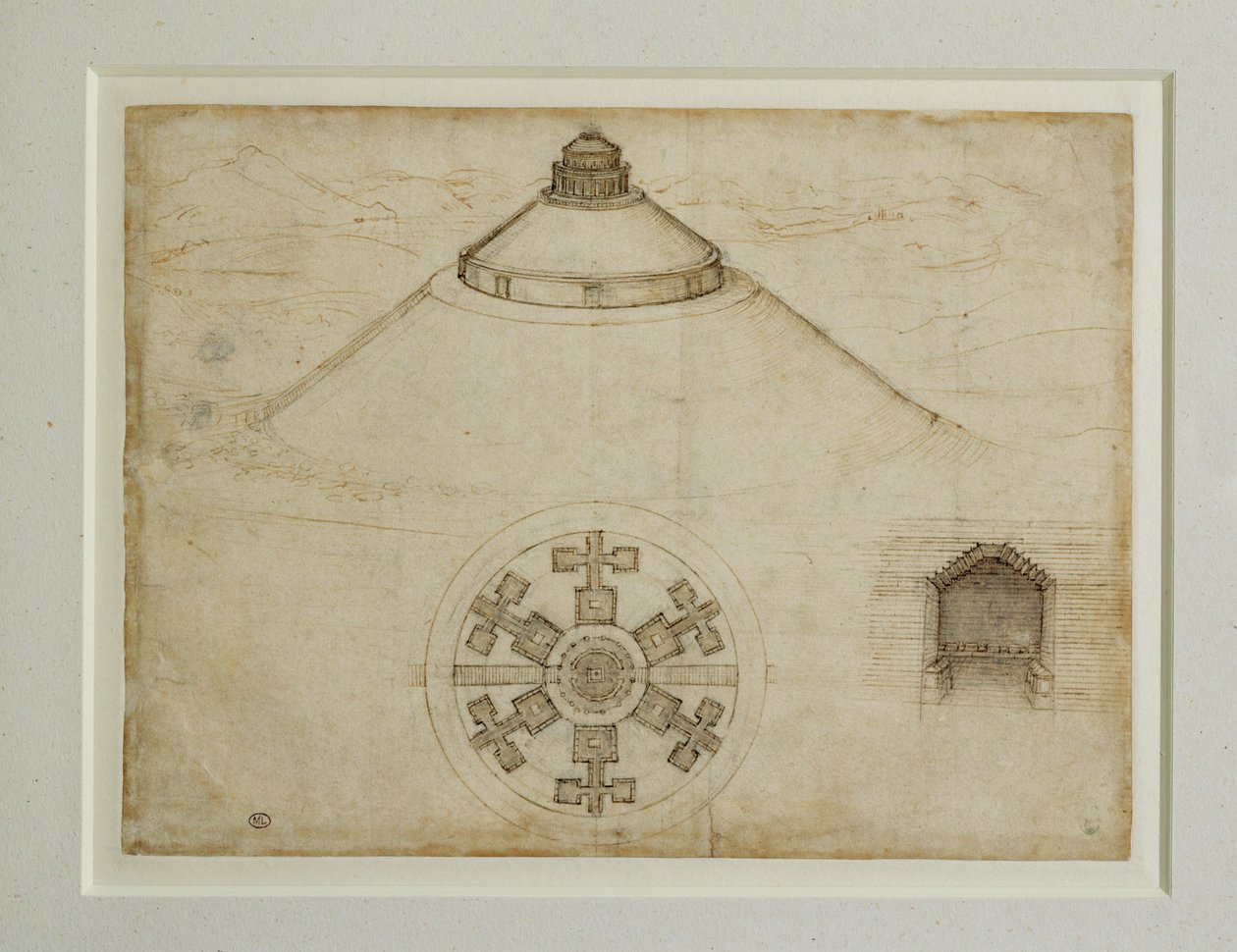 Entwurf für ein zentrales Grabmal; Erhebung von Leonardo da Vinci