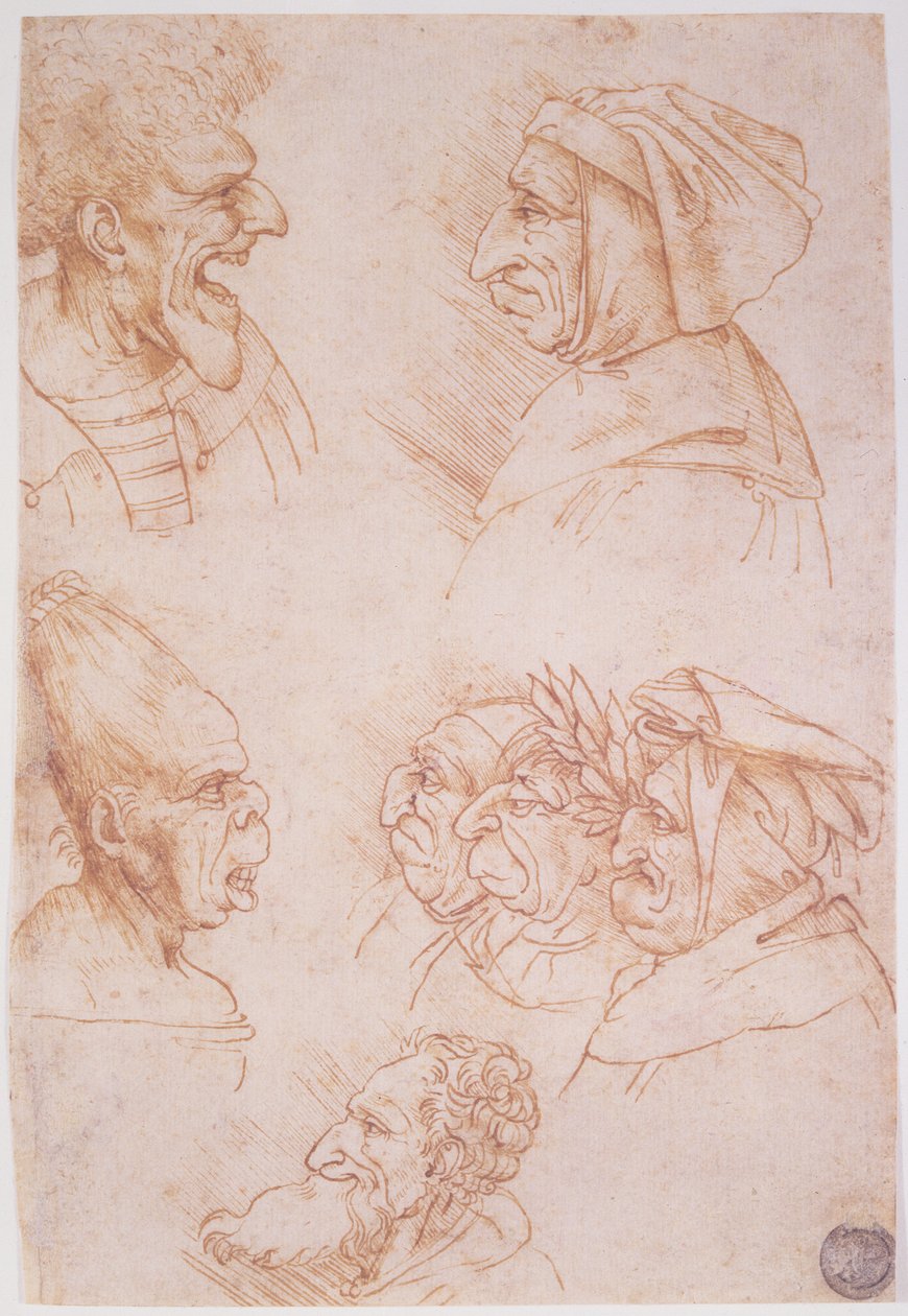 Sieben Studien grotesker Gesichter von Leonardo da Vinci