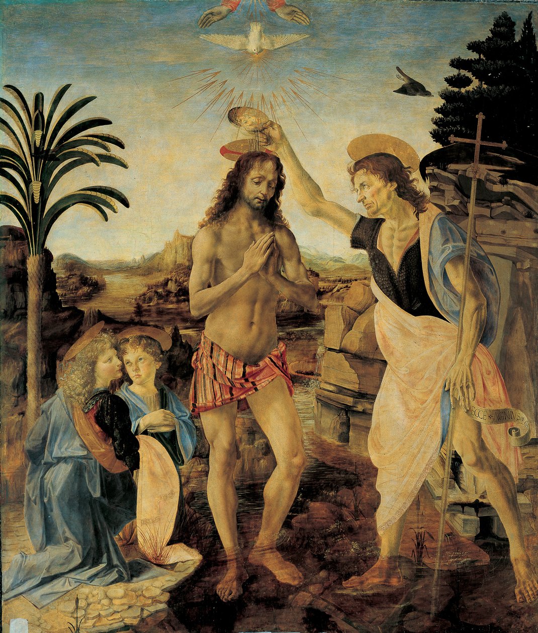 Die Taufe Christi um 1475-1478 von Andrea del Verrocchio (1436-1488) und Leonardo da Vinci (1452-1516) von Leonardo da Vinci