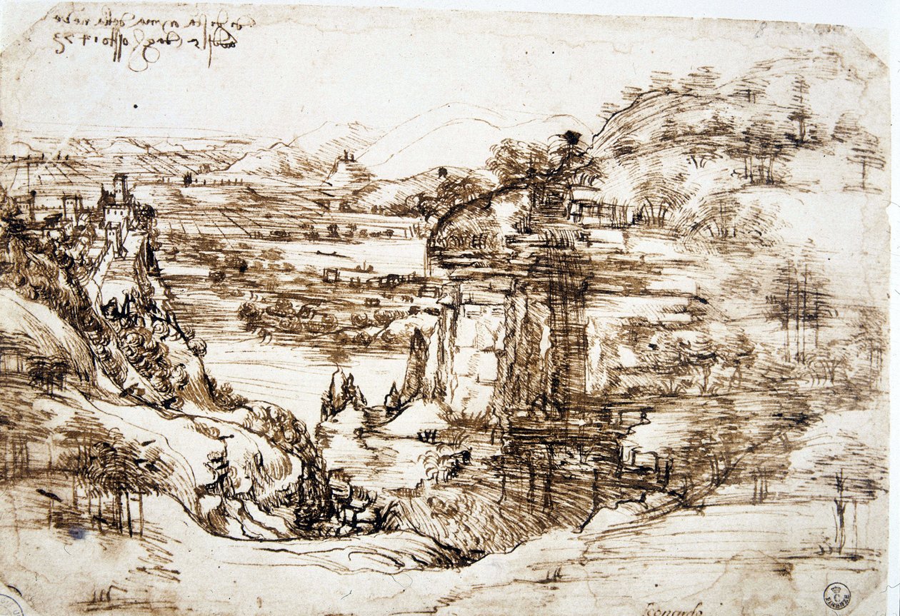 Die erste bekannte Zeichnung von Leonardo da Vinci (1452-1519), „Landschaft von Santa Maria della Neve“: die Landschaft des Arnotals, nahe Florenz von Leonardo da Vinci