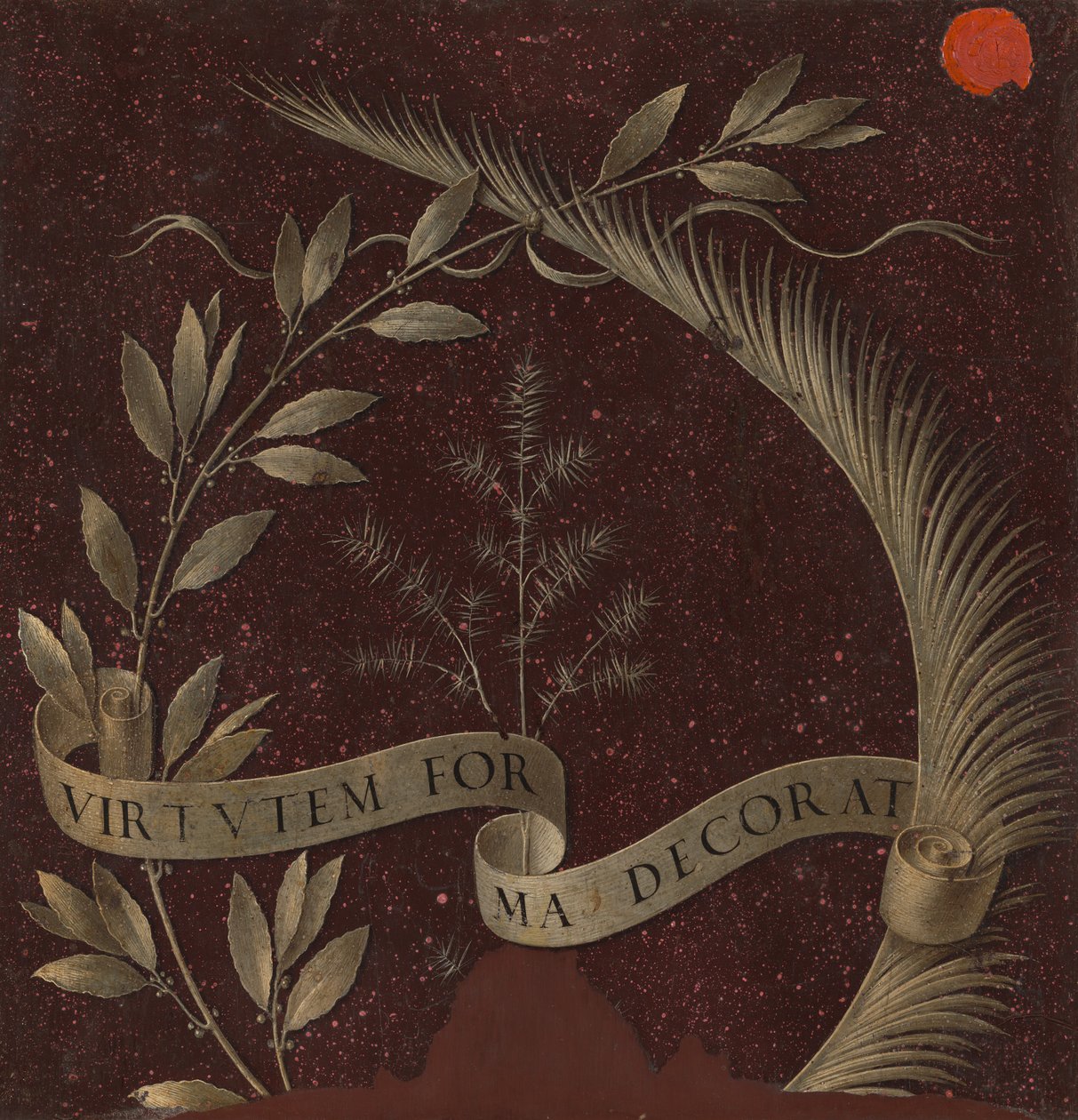 Kranz aus Lorbeer, Palme und Wacholder mit einer Schriftrolle beschriftet Virtutem Forma Decorat [Rückseite], ca. 147 von Leonardo da Vinci