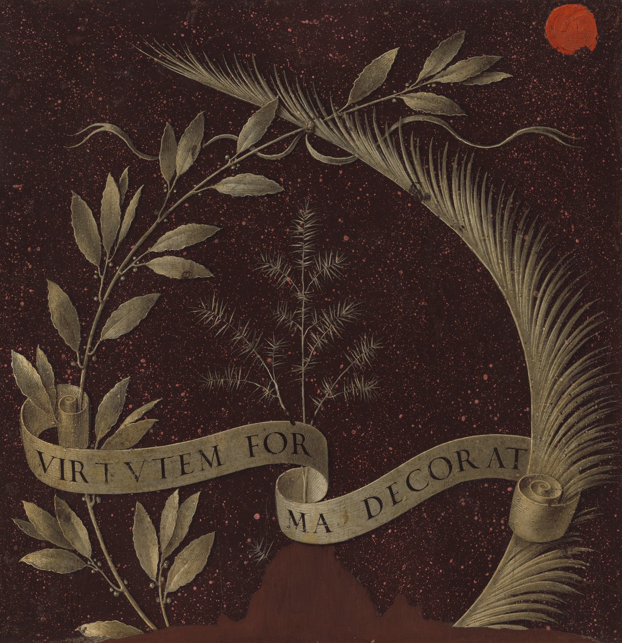 Kranz aus Lorbeer, Palme und Wacholder mit einer Schriftrolle, die Virtutem Forma Decorat trägt, ca. 1474-78 (Tempera auf Holztafel) von Leonardo da Vinci