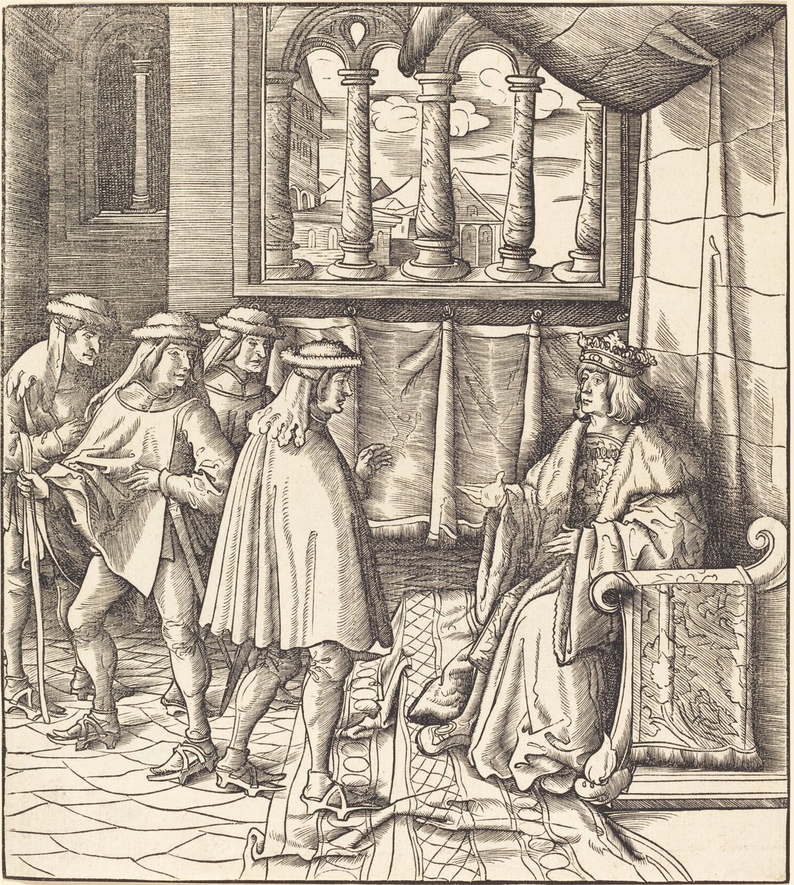 Ein König auf einem Thron, vor ihm vier Männer von Leonhard Beck