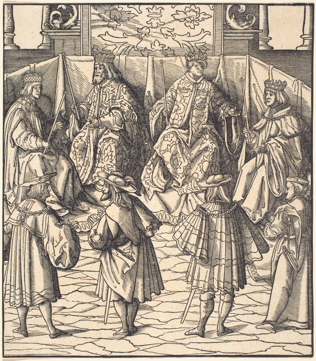Versammlung von vier Königen, im Vordergrund vier Männer von Leonhard Beck