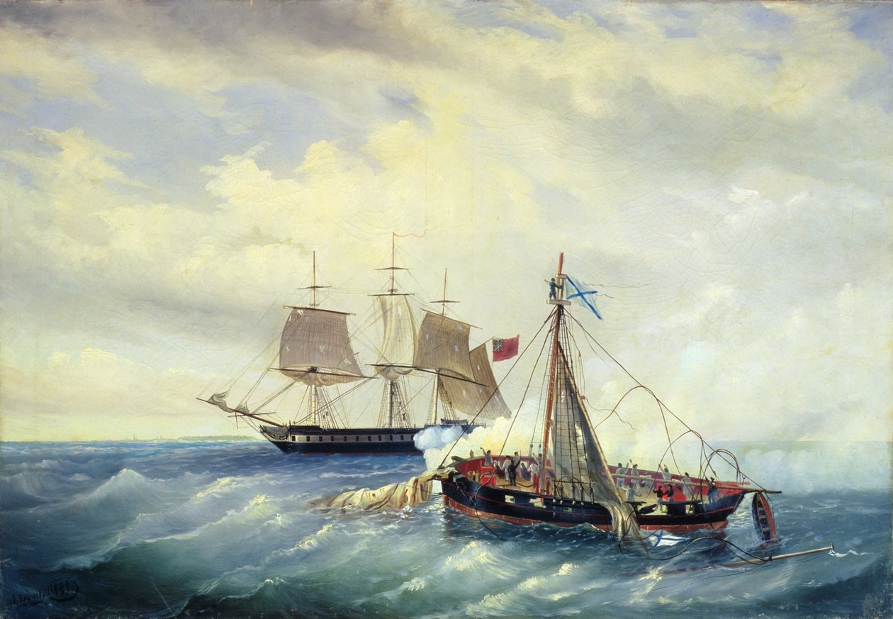 Schlacht zwischen dem russischen Schiff Opyt und einer britischen Fregatte vor der Küste der Insel Nargen, 11. Juni 1808, 1889 von Leonid Demyanovich Blinov