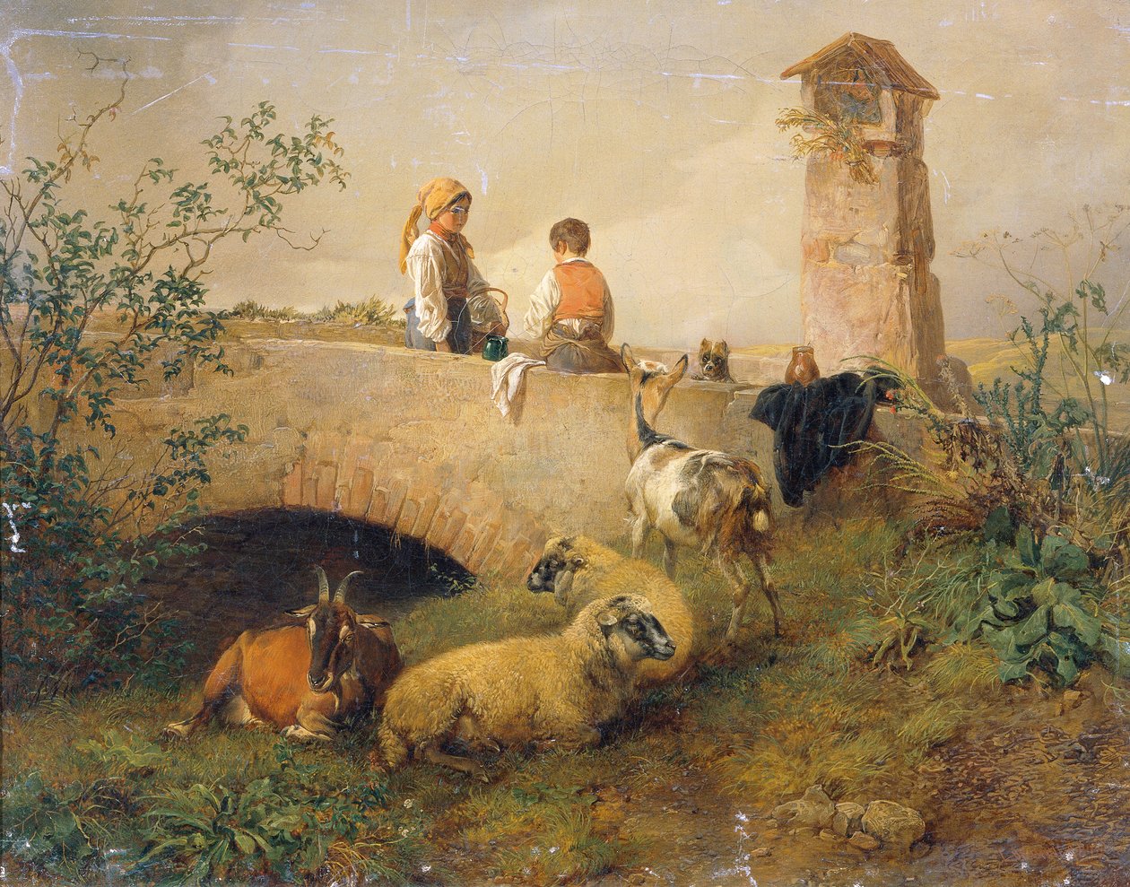 Knabe und Mädchen mit Schafen und Ziegen von Leopold Brunner d. J.