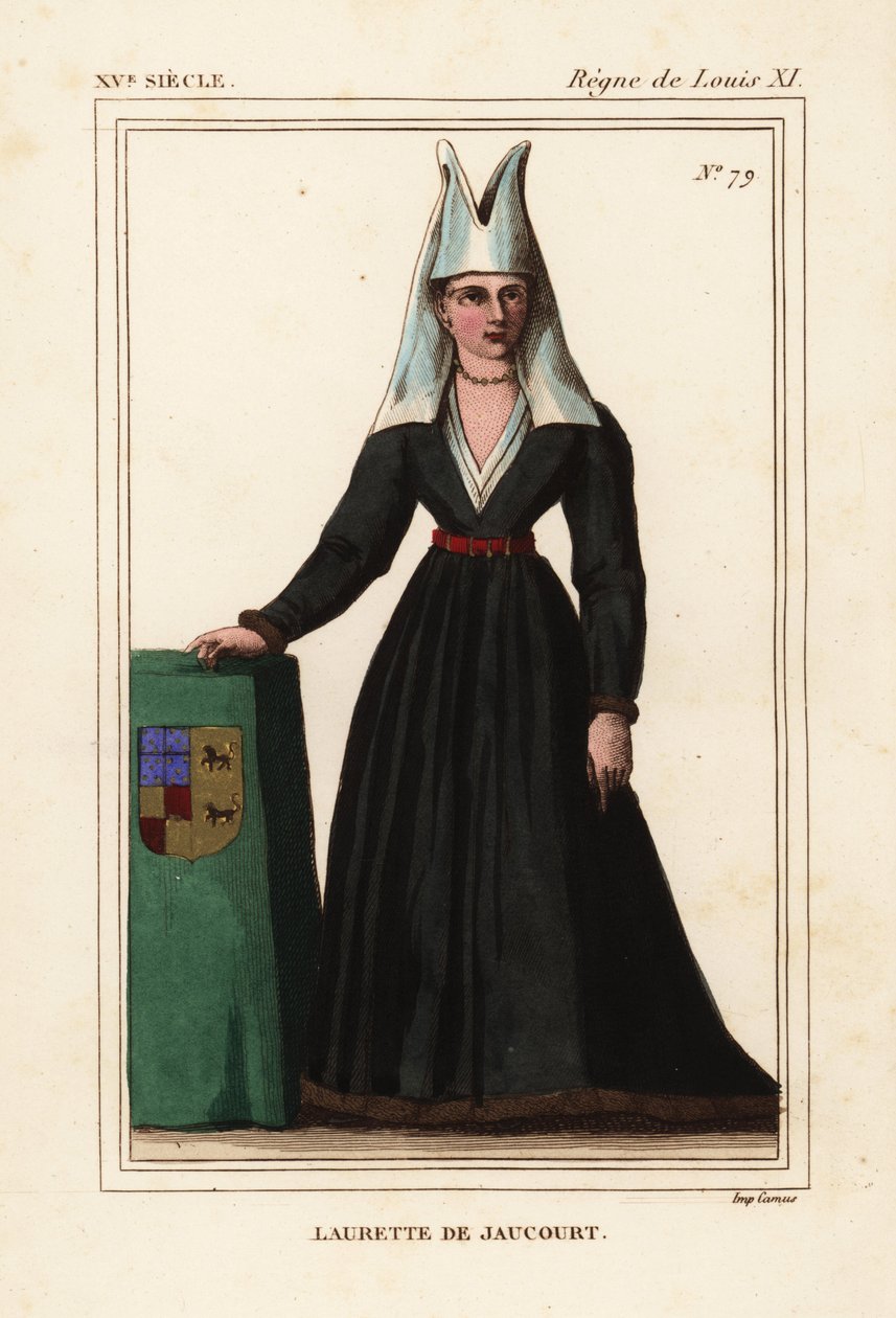 Lauretta von Jaucourt, Ehefrau von Michael von Chaugy, Herr von Chissey, Laurette de Jaucourt, Handkolorierte Lithographie nach einer Miniatur in Roger de Gaignieres