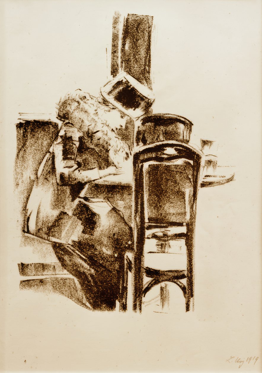 Schreibende Dame mit Hut und Boa im Kaffee von Lesser Ury