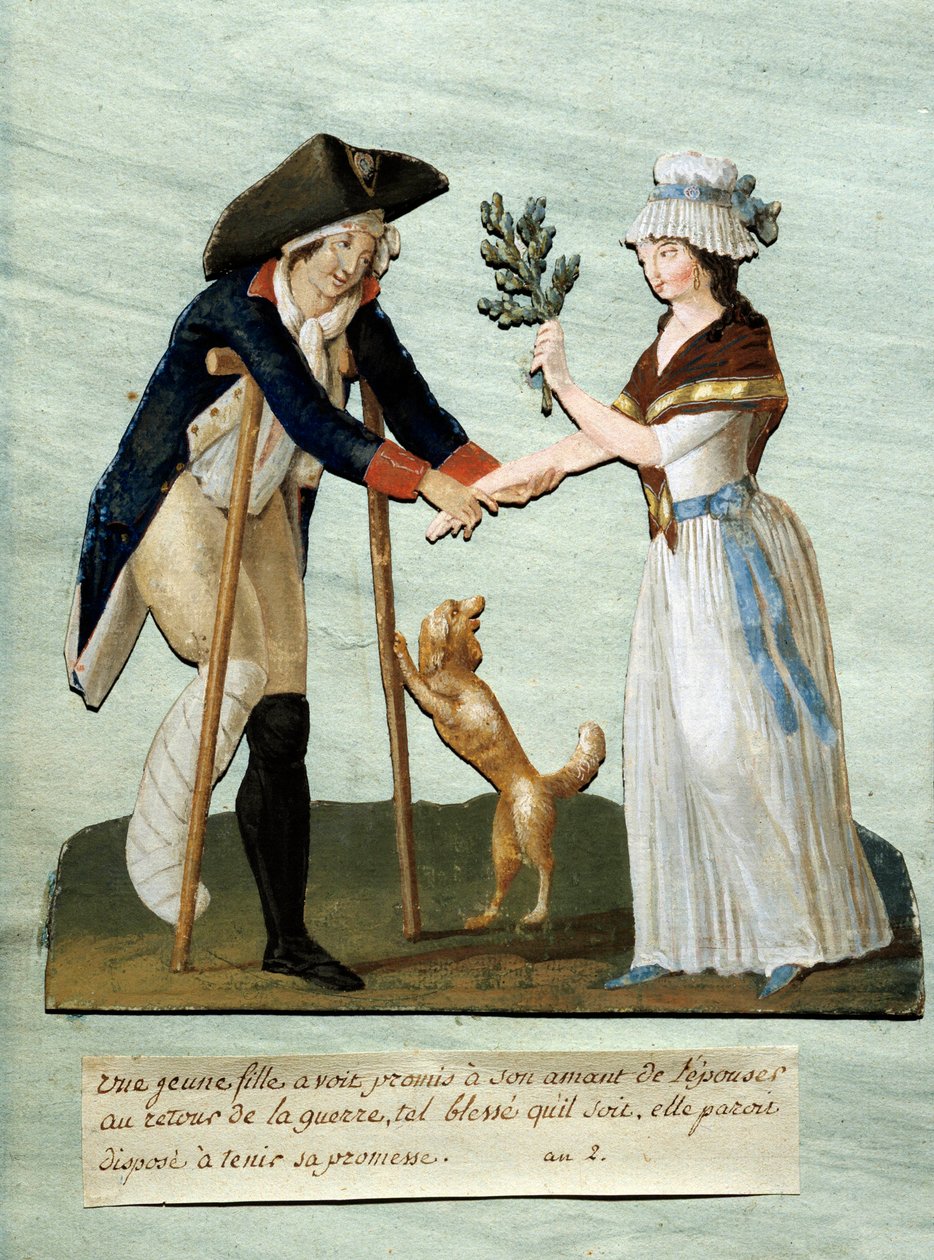 Französische Revolution: „Ein junges Mädchen findet ihre versprochenen Wunden nach dem Krieg und hält ihr Versprechen zu heiraten“ Gouache der Brüder Lesueur (18. Jahrhundert). Paris, Musée Carnavalet von Lesueur Brothers
