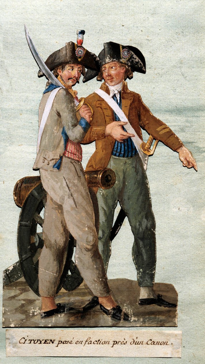 Französische Revolution: „Bürger posiert in Fraktion neben einer Kanone“. Gouache der Brüder Lesueur. 18. Jahrhundert. Musée Carnavalet, Paris von Lesueur Brothers