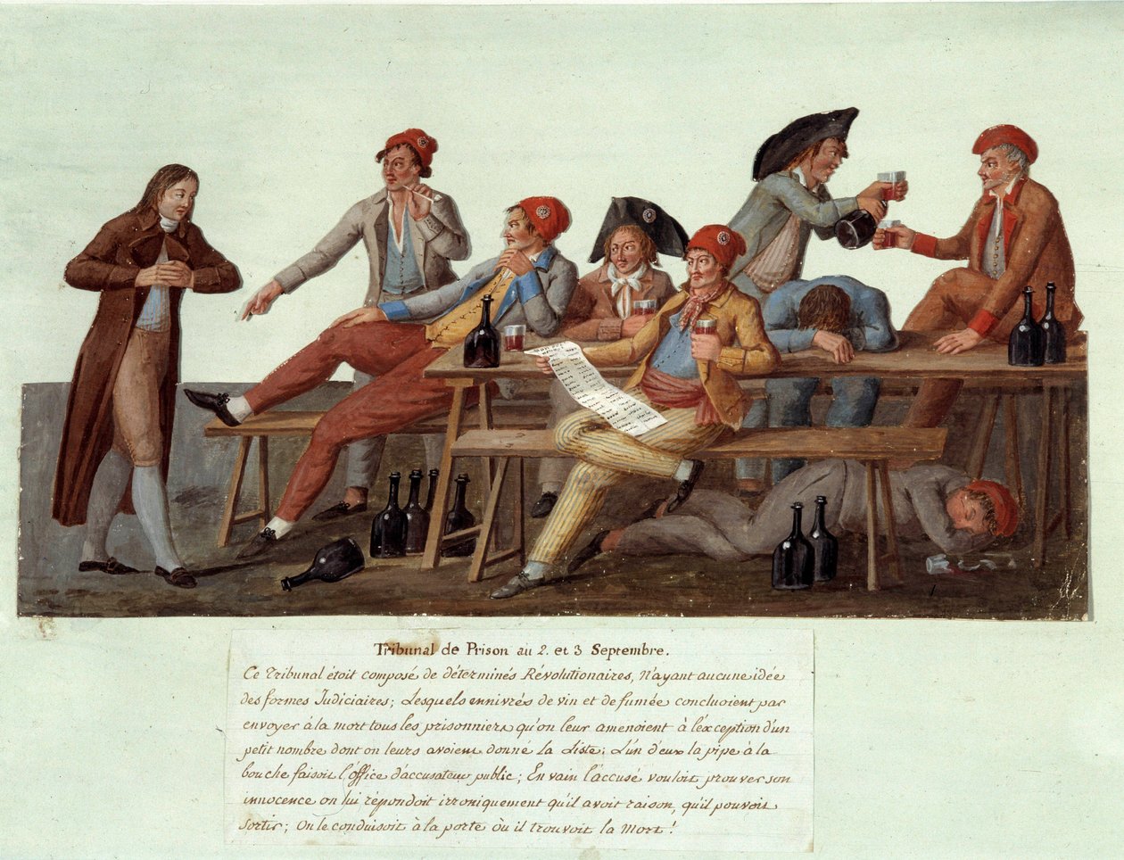 Französische Revolution von 1789: „Ein Gefängnishof am 2. und 3. September“ Satirische Darstellung eines Revolutionsgerichts, dessen Mitglieder keine Zuständigkeit in Justizangelegenheiten haben und Fälle durch Weintrinken und Rauchen beurteilen. Gouache d von Lesueur Brothers