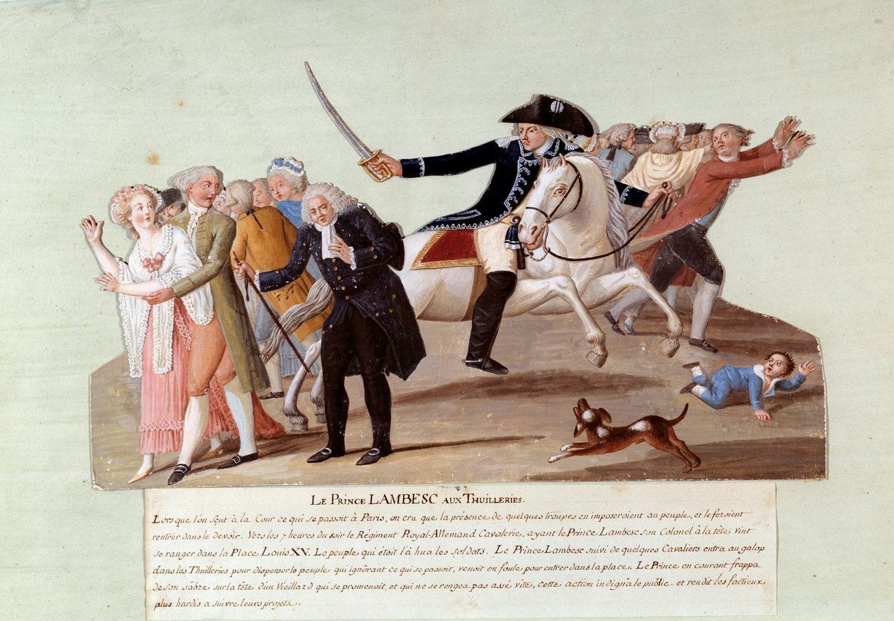 Französische Revolution von 1789: Prinz von Lambesc in den Tuilerien am 12. Juli, der versucht, die ersten Demonstrationen der Revolutionäre zu unterdrücken von Lesueur Brothers