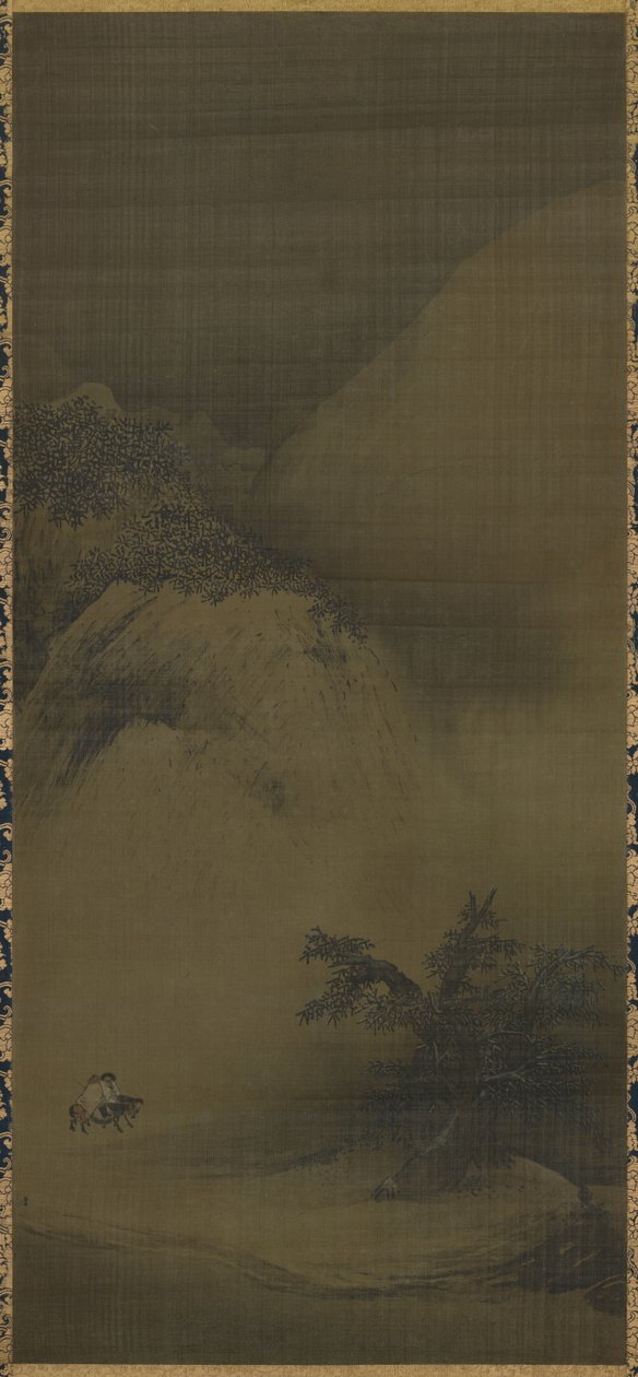 Schneelandschaft, Landschaftsmalerei (kenpon bokuga tansai sekkei sansui zu). Hängerolle von Liang Kai