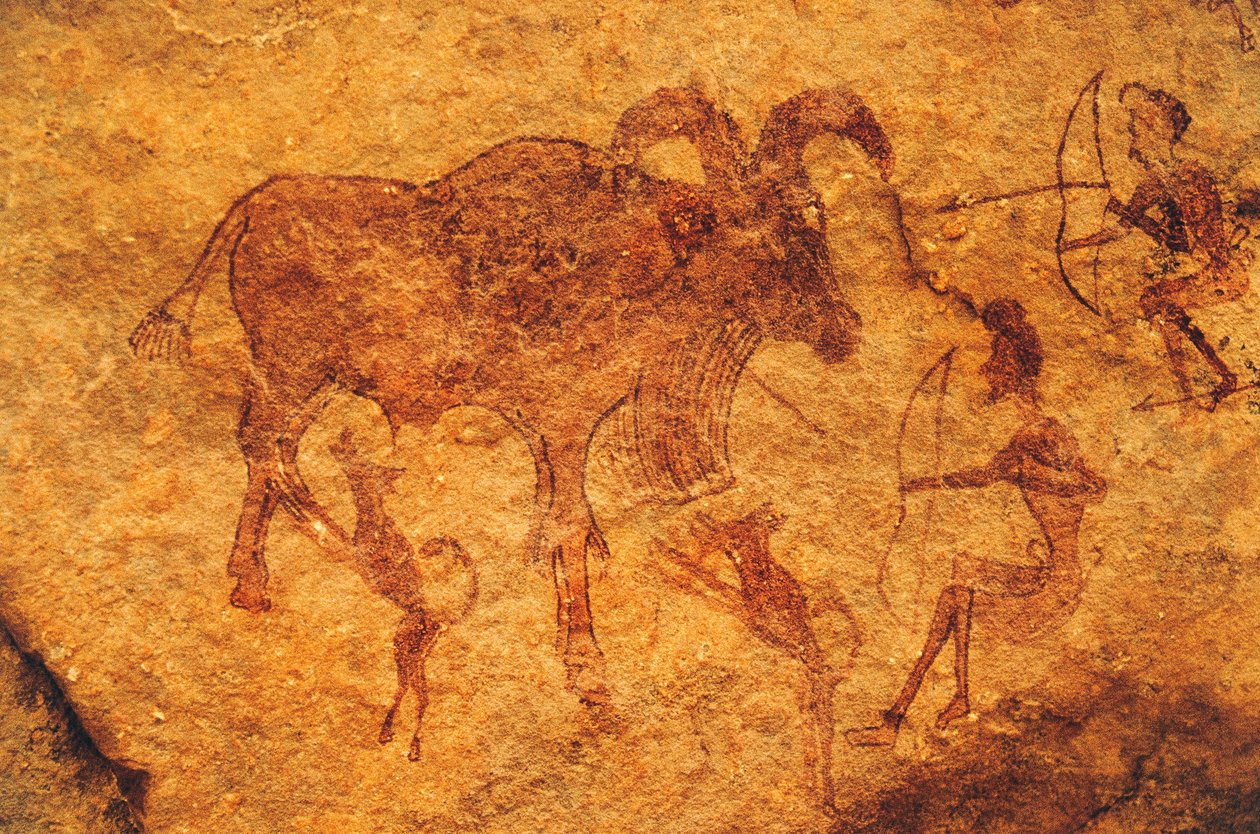 Bogenschützen, Hunde und Huftier, Höhlenmalerei, Tassili n