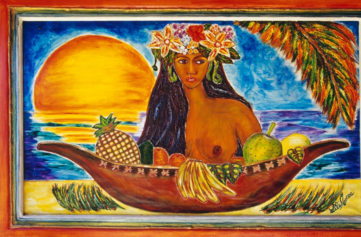 Bemaltes Glas, das eine polynesische Frau darstellt, Insel Moorea, Gesellschaftsinseln, Französisch-Polynesien (Überseegebiet der Französischen Republik), Detail von Unbekannt Unbekannt