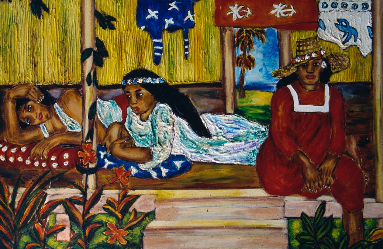 Polynesische Frauen, Buntglasfenster, Moorea-Insel, Gesellschaftsinseln, Französisch-Polynesien, Überseegebiet der Französischen Republik von Unbekannt Unbekannt