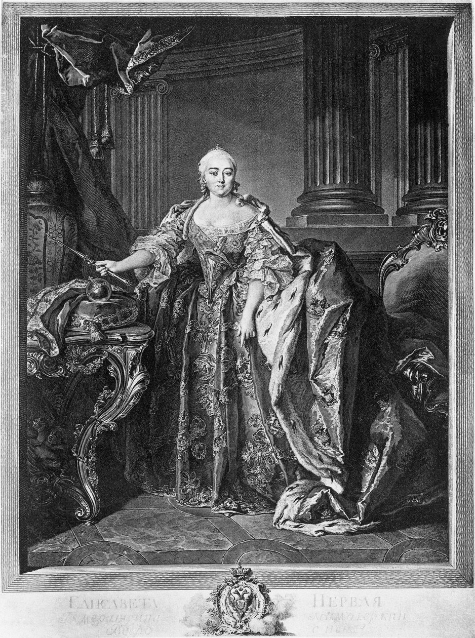 Porträt von Elisabeth Petrowna (1709-1761), Kaiserin von Russland ab 1741 bis zu ihrem Tod, Gravur von Unbekannt Unbekannt