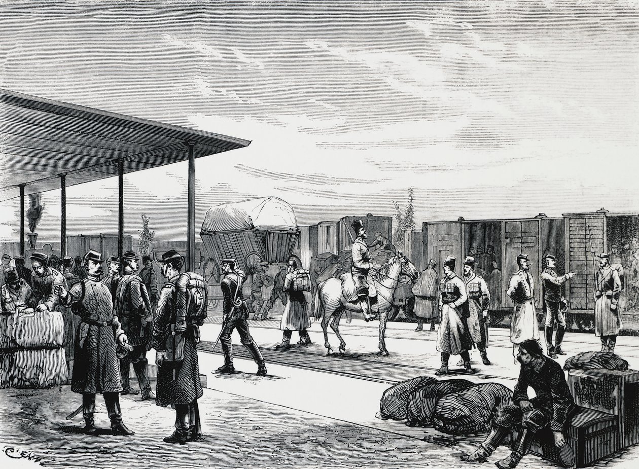 Russischer Militärkonvoi im Bahnhof Bustiu, auf der Strecke Bukarest-Galati, Russisch-Türkischer Krieg, Gravur, Rumänien von Unbekannt Unbekannt