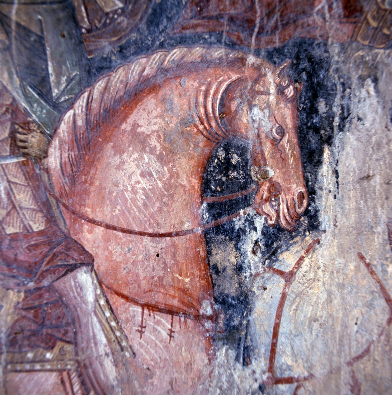 Heiliger zu Pferd, Fresko in Kirche in Palaia Roumata, Kreta, Griechenland (Detail) (Foto) von Unbekannt Unbekannt