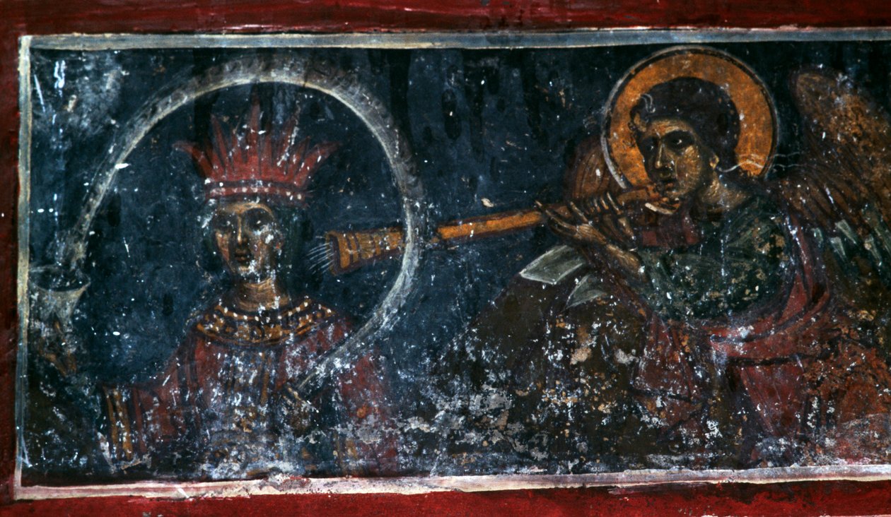 Heiliger spielt das Horn, Fresko in der Kirche Agios Ioannis Prodromos, Margarites, Kreta, Griechenland von Unbekannt Unbekannt