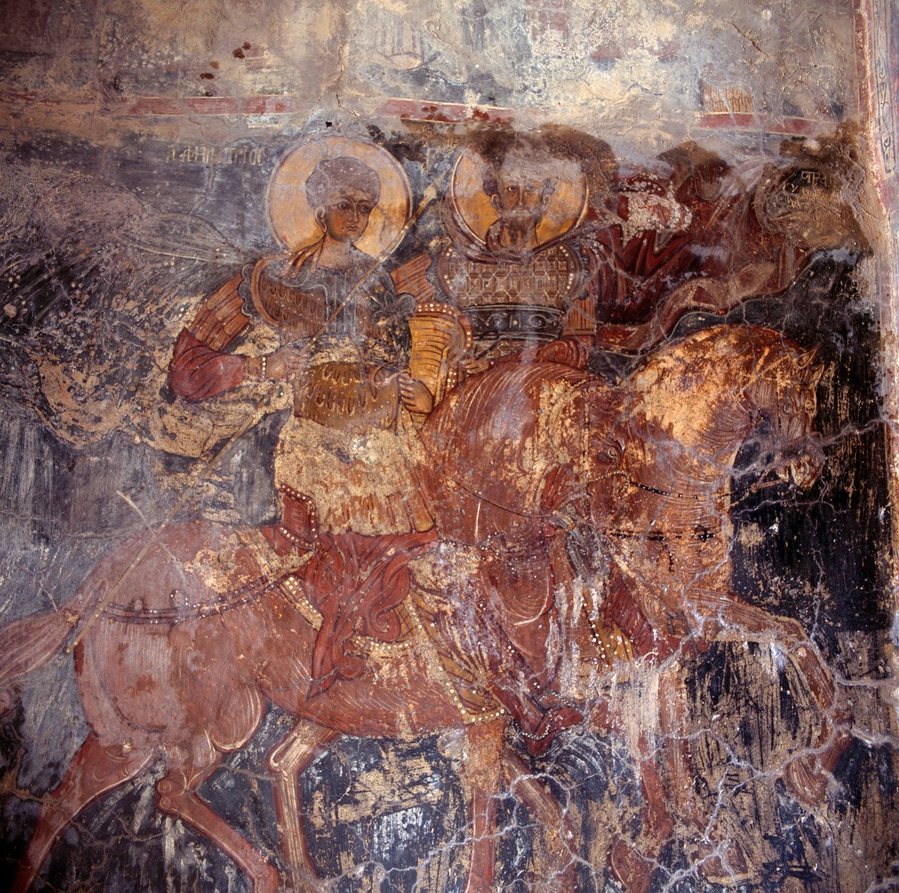 Heilige zu Pferd, Fresko in Kirche, Komitates, Kreta, Griechenland (Foto) von Unbekannt Unbekannt