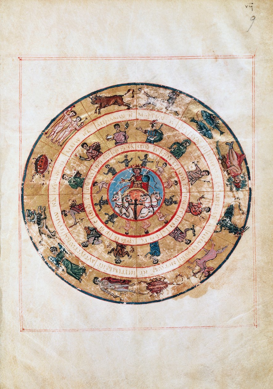 Der Sonnenwagen und die Tierkreiszeichen, Miniatur aus einem frühmittelalterlichen Manuskript, astronomische Tafel von Ptolemäus (ca. 100-175), hellenistische Zivilisation von Unbekannt Unbekannt