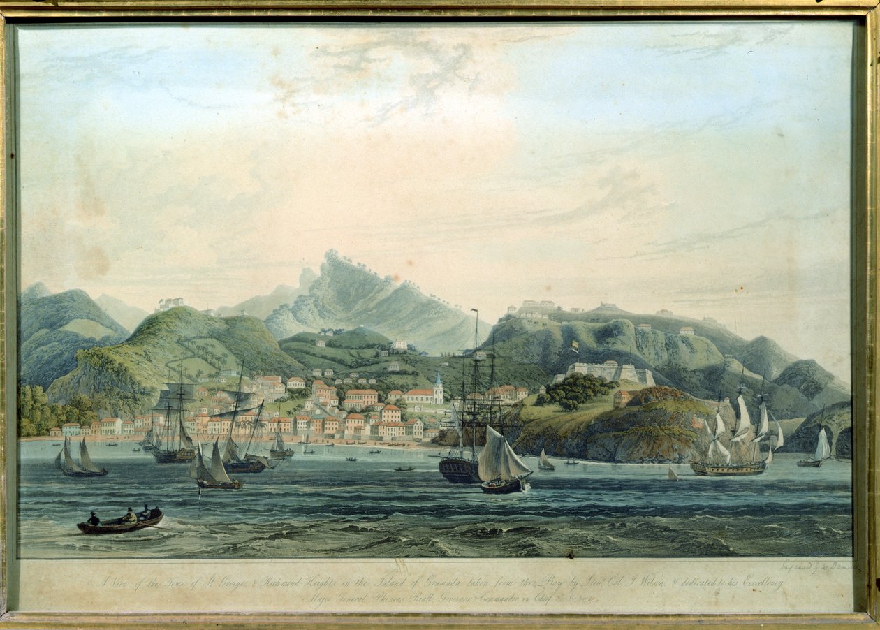 Ansicht der Stadt St. George und Richmond Heights auf der Insel Grenada, graviert von William Daniell, ca. 1810 von Lieutenant Colonel J. Wilson