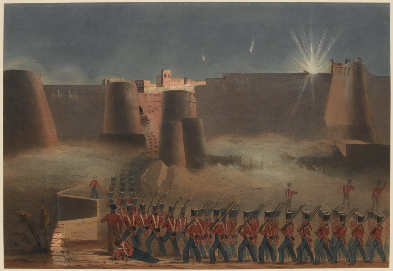 Der Sturm auf Ghuznee. Die Sturmkolonne betritt die Festung, 23. Juli 1839 von Lieutenant Thomas (after) Wingate
