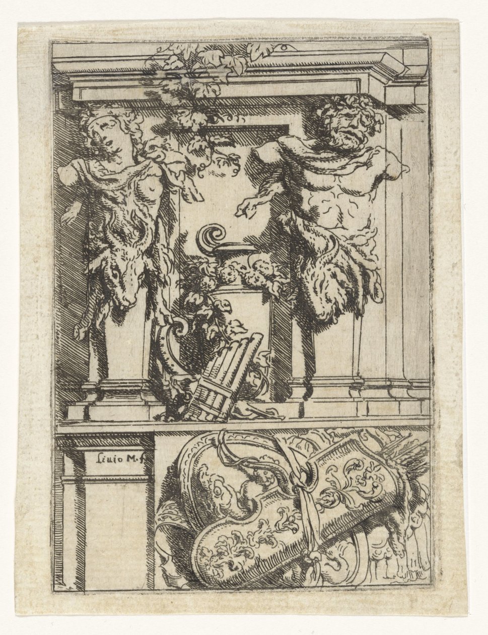 Zwei Karyatiden, eine Panflöte, Pfeil und Bogen und ein Schild von Lieven Mehus