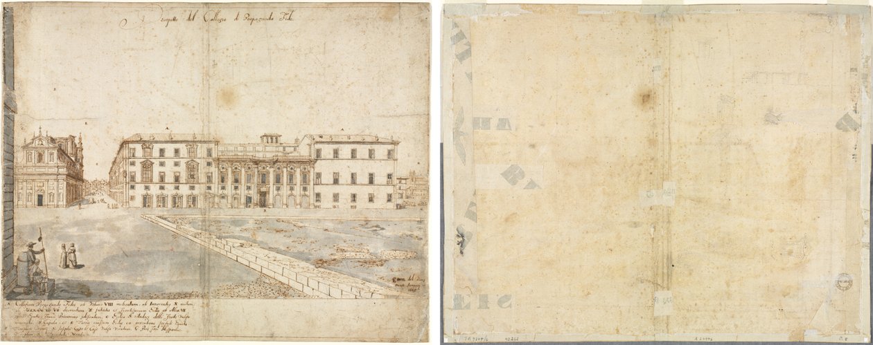 Achtzehn Ansichten von Rom: Das Collegio di Propaganda Fide (recto); Skizzen von Fenstern und Pilastern des Dachgeschosses des Collegio di Propaganda Fide (verso) von Lievin Cruyl
