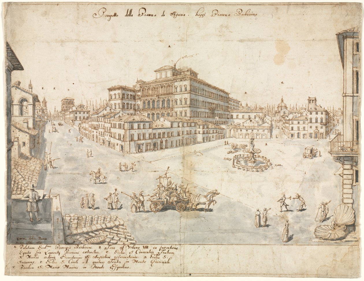 Achtzehn Ansichten von Rom: Die Piazza Barberini recto..., 1665 von Lievin Cruyl