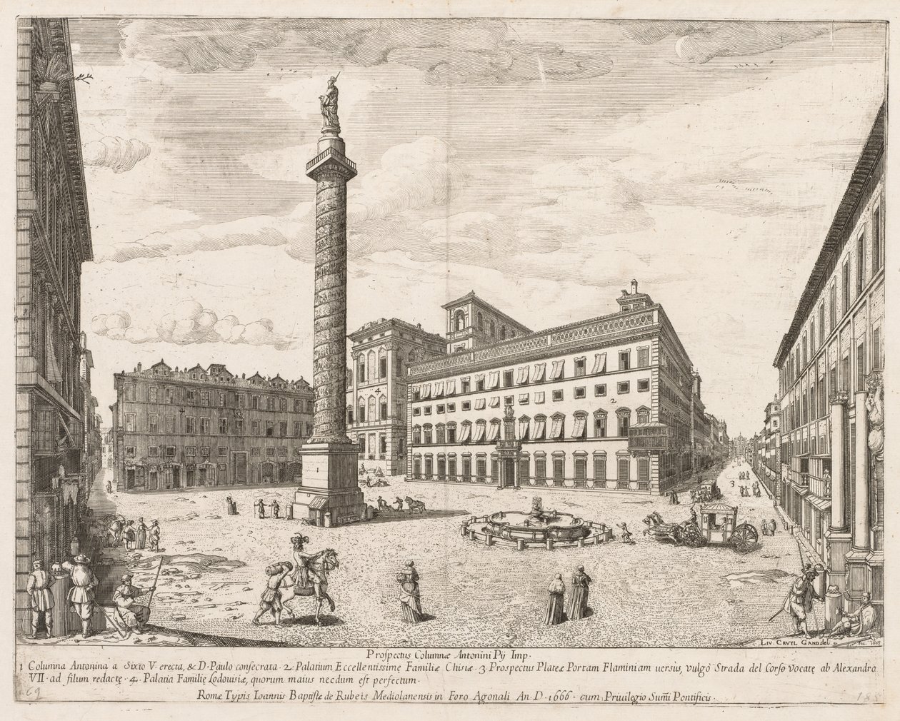 Piazza Colonna aus Prospectus Locurum Urbis Romae Insign[ium], 1666 von Lievin Cruyl