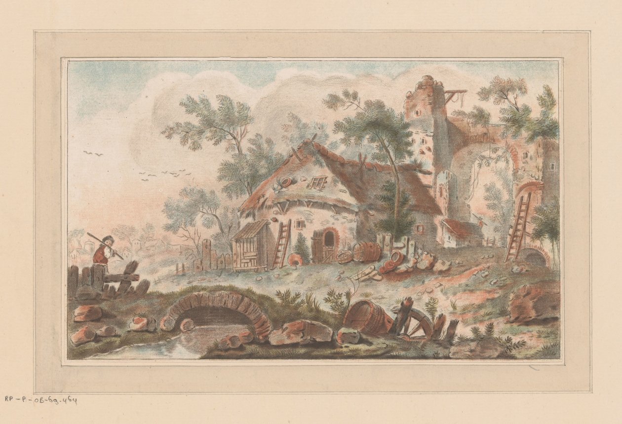 Haus vor einem baufälligen Stadttor, im Vordergrund ein Mann auf einer Brücke von Liger (attributed to)
