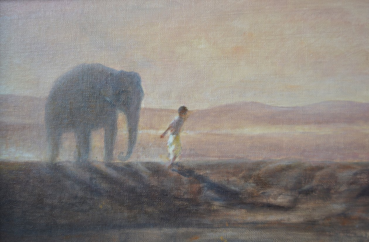 Junge und Elefant von Lincoln Seligman