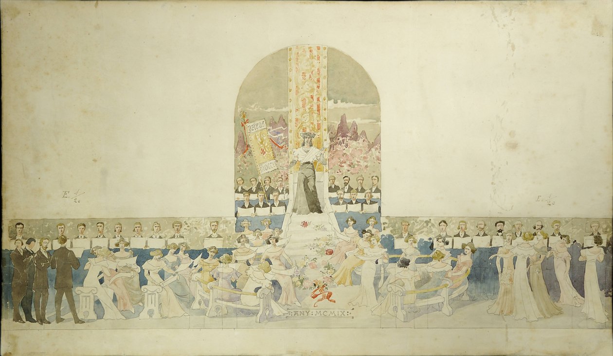 Projekt des Mosaiks der Sänger an der Fassade, erhalten in der Sammlung Fundació Orfeó Català Palau de la Música Catalana von Luis Domenech i Montaner