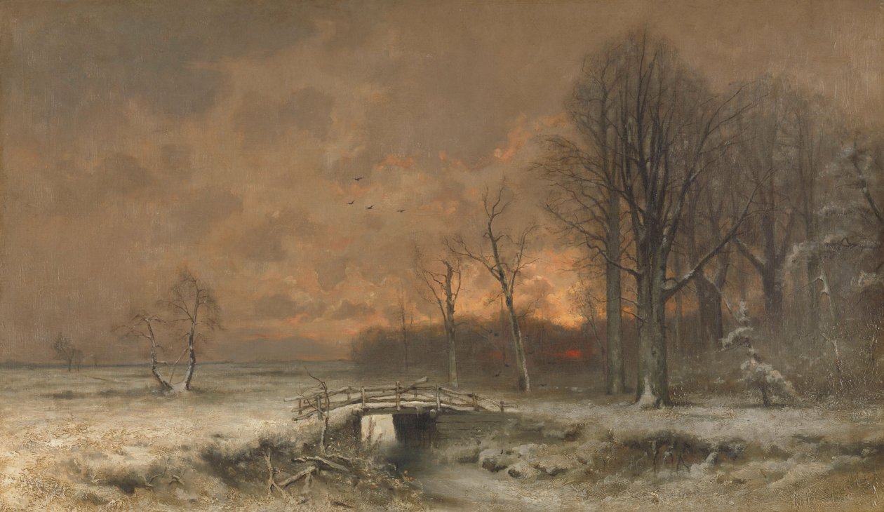 Winterszene mit der untergehenden Sonne hinter Bäumen von Lodewijk Frederik Hendrik (1850-1936) Apol