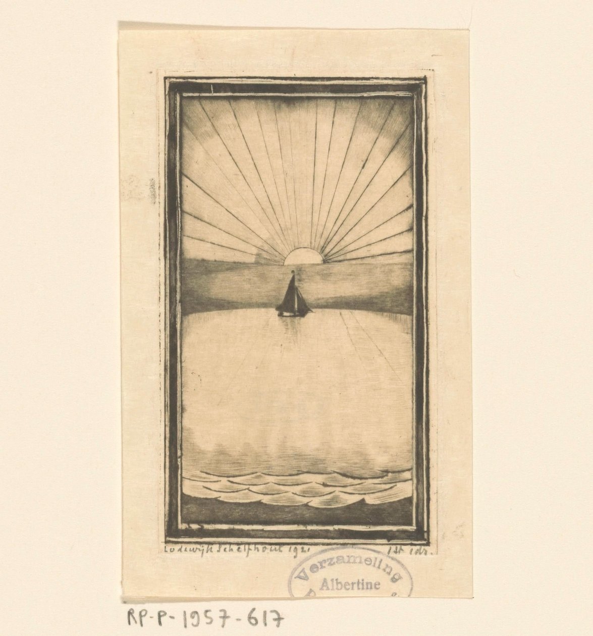 Segelschiff auf See bei Sonnenaufgang oder Sonnenuntergang von Lodewijk Schelfhout (signed by artist)