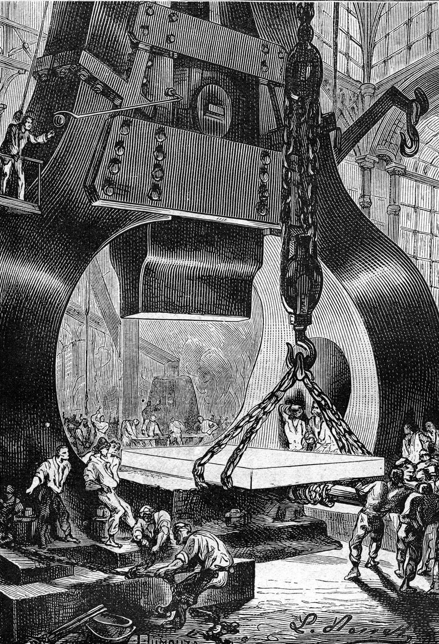 Zeichnung von Leon Benett, aus dem Buch von Jules Verne „Die 500 Millionen der Begum“ - Ausgabe Hetzel/Außergewöhnliche Reisen 1879. Hammer Trommler bei der Arbeit in einer Stahlgießerei. von Léon Benett